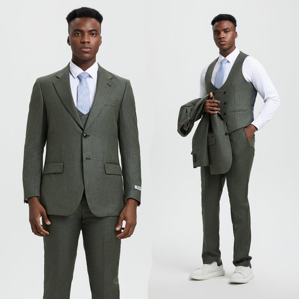 Stacy Adams Sharkskin 3pc Suit w/ Expandable Waistband, Stoned Olive